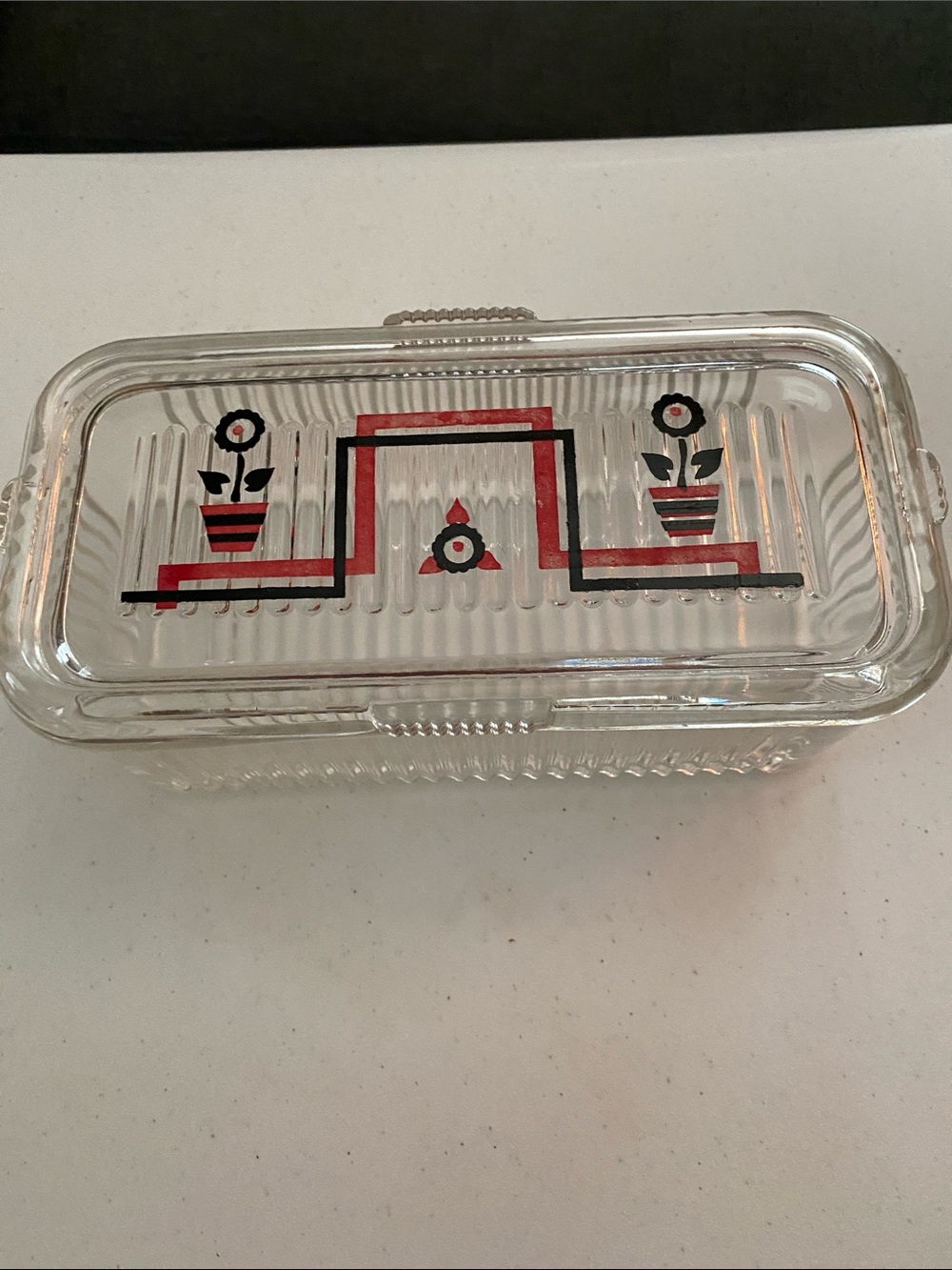 Clear Glass Decorative Refrigerator dish with Red and Black Floral Accents